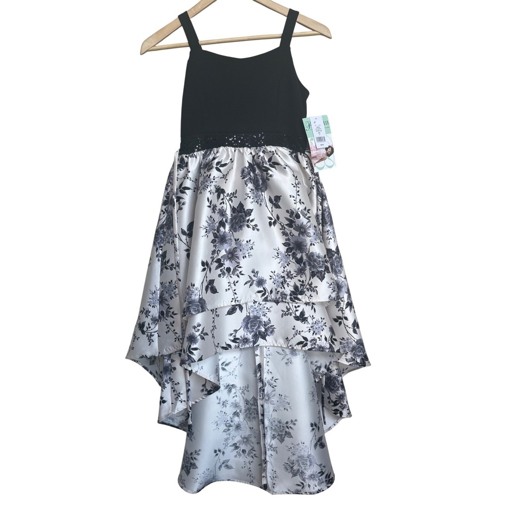 NWT Bonnie Jean Girls Dress Size 12 Black Floral High Low B4-10360-DV